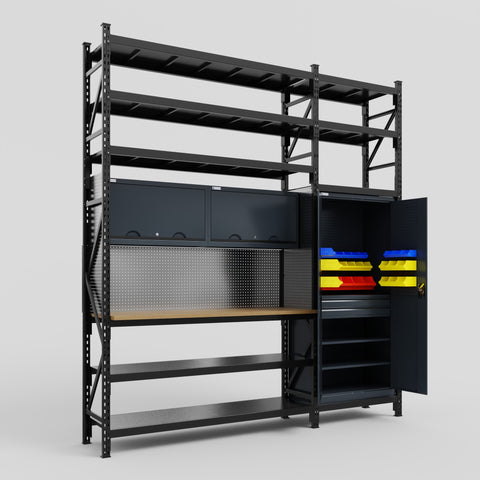 M21 Modular Work Bench with Shelves - H3100mm x W2880mm | MDF WBT | Dark Grey