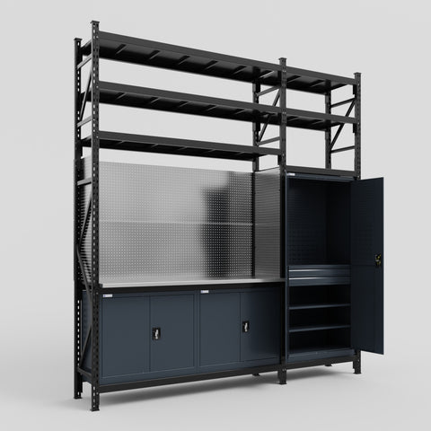 M21 Modular Work Bench with Shelves - H3100mm x W2880mm | Stainless WBT | Dark Grey