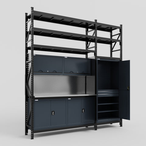 M21 Modular Work Bench with Shelves - H3100mm x W2880mm | Stainless WBT | Dark Grey