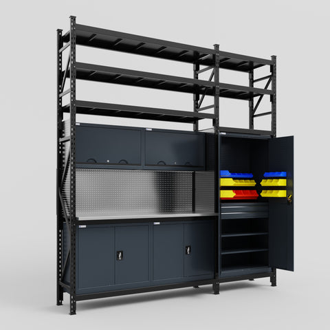 M21 Modular Work Bench with Shelves - H3100mm x W2880mm | Stainless WBT | Dark Grey
