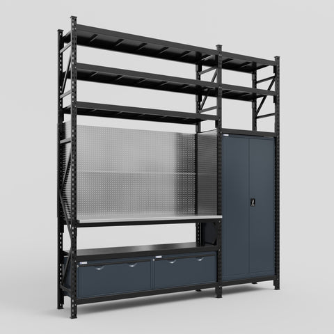 M21 Modular Work Bench with Shelves - H3100mm x W2880mm | Stainless WBT | Dark Grey