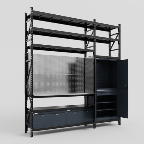 M21 Modular Work Bench with Shelves - H3100mm x W2880mm | Stainless WBT | Dark Grey