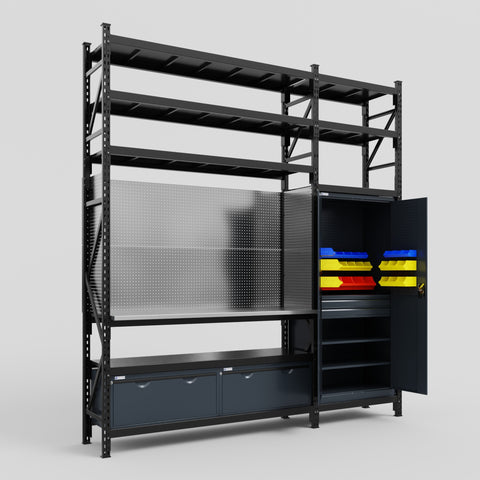 M21 Modular Work Bench with Shelves - H3100mm x W2880mm | Stainless WBT | Dark Grey