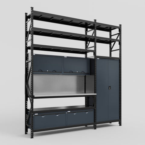 M21 Modular Work Bench with Shelves - H3100mm x W2880mm | Stainless WBT | Dark Grey