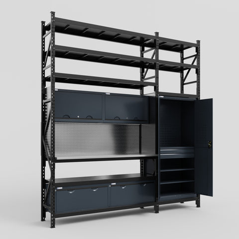 M21 Modular Work Bench with Shelves - H3100mm x W2880mm | Stainless WBT | Dark Grey