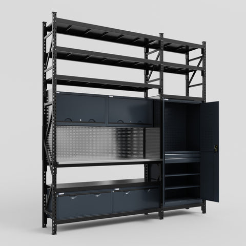 M21 Modular Work Bench with Shelves - H3100mm x W2880mm | Stainless WBT | Dark Grey