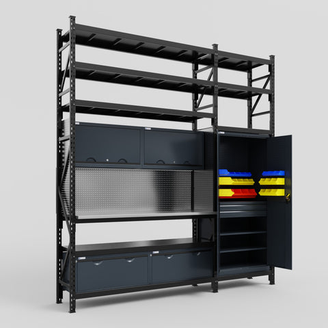 M21 Modular Work Bench with Shelves - H3100mm x W2880mm | Stainless WBT | Dark Grey