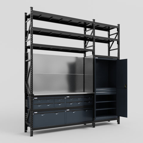 M21 Modular Work Bench with Shelves - H3100mm x W2880mm | Stainless WBT | Dark Grey