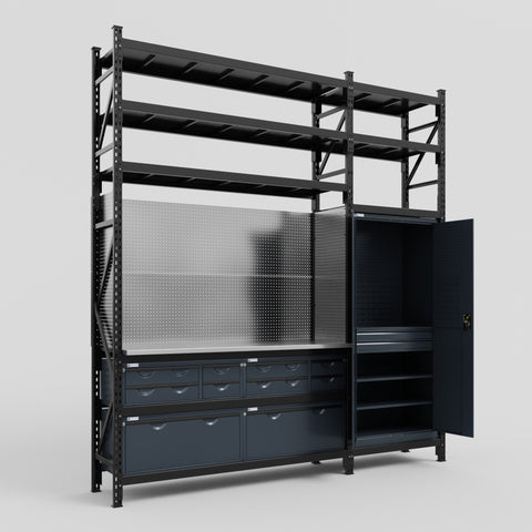 M21 Modular Work Bench with Shelves - H3100mm x W2880mm | Stainless WBT | Dark Grey