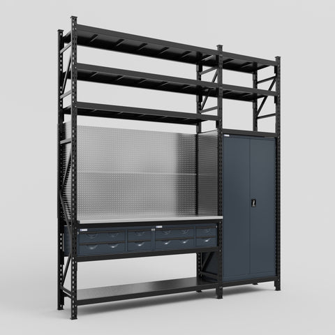 M21 Modular Work Bench with Shelves - H3100mm x W2880mm | Stainless WBT | Dark Grey