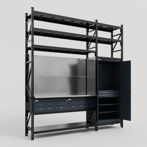 M21 Modular Work Bench with Shelves - H3100mm x W2880mm | Stainless WBT | Dark Grey