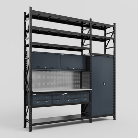 M21 Modular Work Bench with Shelves - H3100mm x W2880mm | Stainless WBT | Dark Grey