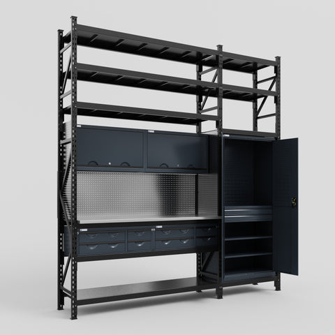 M21 Modular Work Bench with Shelves - H3100mm x W2880mm | Stainless WBT | Dark Grey
