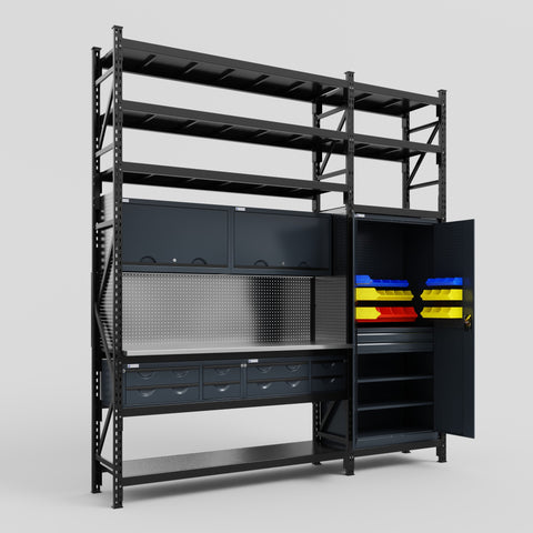 M21 Modular Work Bench with Shelves - H3100mm x W2880mm | Stainless WBT | Dark Grey