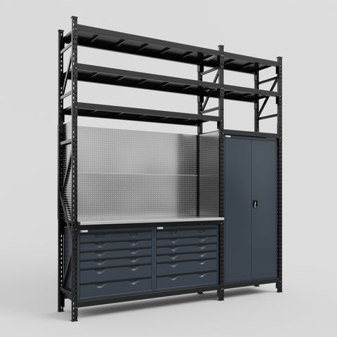 M21 Modular Work Bench with Shelves - H3100mm x W2880mm | Stainless WBT | Dark Grey