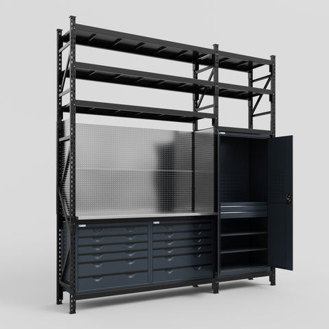 M21 Modular Work Bench with Shelves - H3100mm x W2880mm | Stainless WBT | Dark Grey