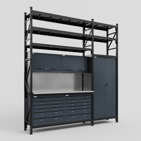 M21 Modular Work Bench with Shelves - H3100mm x W2880mm | Stainless WBT | Dark Grey