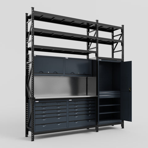 M21 Modular Work Bench with Shelves - H3100mm x W2880mm | Stainless WBT | Dark Grey