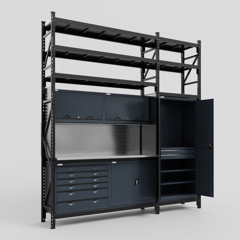 M21-3S Modular Work Bench with Shelves - H3100mm x W2880mm | Stainless WBT | Dark Grey