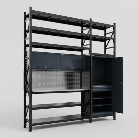 M21 Modular Work Bench with Shelves - H3100mm x W2880mm | Stainless WBT | Dark Grey