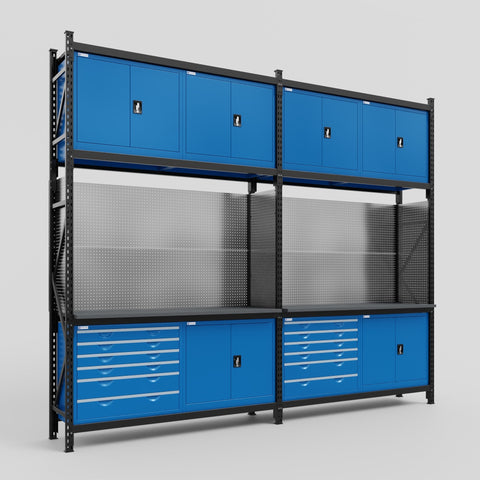 M22-3C Modular Work Bench with Overheads - H3100mm x W3780mm | Laminate WBT | Blue