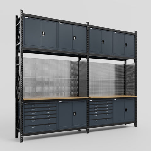 M22-3C Modular Work Bench with Overheads - H3100mm x W3780mm | MDF WBT | Dark Grey