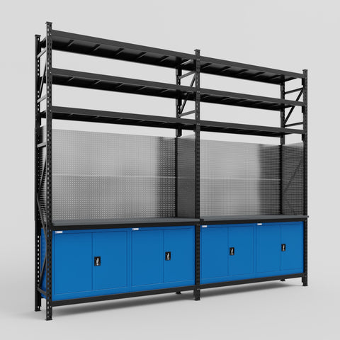M22 Modular Work Bench with Shelves - H3100mm x W3780mm | Laminate WBT | Blue