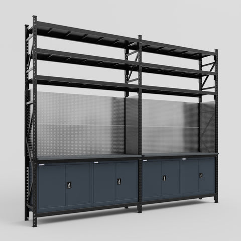 M22 Modular Work Bench with Shelves - H3100mm x W3780mm | Laminate WBT | Dark Grey