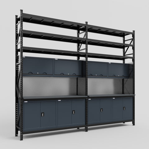 M22 Modular Work Bench with Shelves - H3100mm x W3780mm | Laminate WBT | Dark Grey