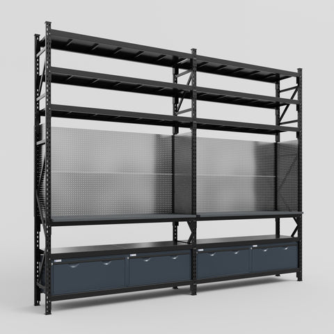 M22 Modular Work Bench with Shelves - H3100mm x W3780mm | Laminate WBT | Dark Grey