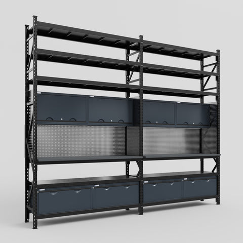 M22 Modular Work Bench with Shelves - H3100mm x W3780mm | Laminate WBT | Dark Grey
