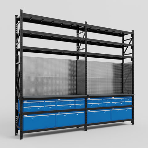 M22 Modular Work Bench with Shelves - H3100mm x W3780mm | Laminate WBT | Blue