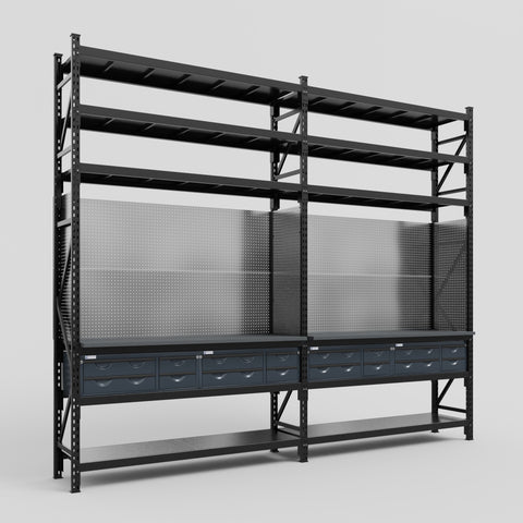 M22 Modular Work Bench with Shelves - H3100mm x W3780mm | Laminate WBT | Dark Grey
