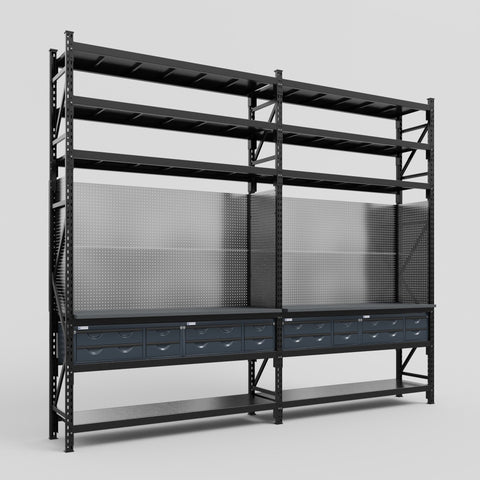 M22 Modular Work Bench with Shelves - H3100mm x W3780mm | Laminate WBT | Dark Grey