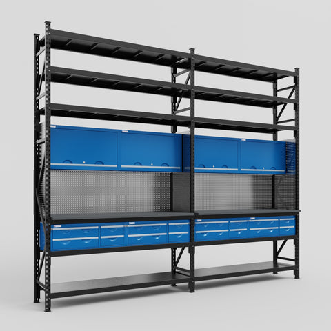 M22 Modular Work Bench with Shelves - H3100mm x W3780mm | Laminate WBT | Blue