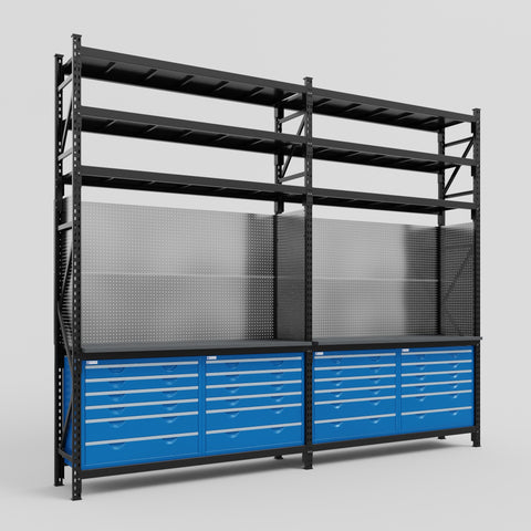 M22 Modular Work Bench with Shelves - H3100mm x W3780mm | Laminate WBT | Blue