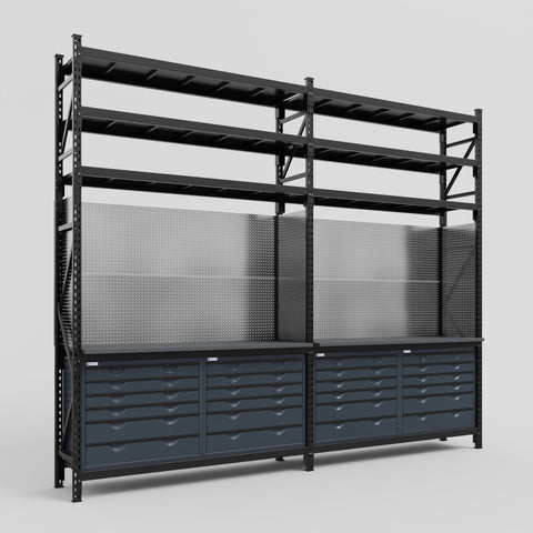 M22 Modular Work Bench with Shelves - H3100mm x W3780mm | Laminate WBT | Dark Grey