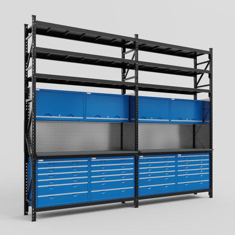 M22 Modular Work Bench with Shelves - H3100mm x W3780mm | Laminate WBT | Blue