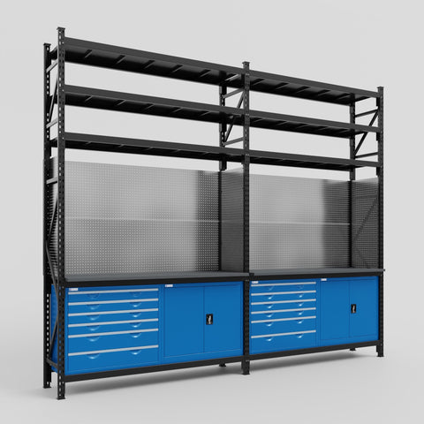 M22-3S Modular Work Bench with Shelves - H3100mm x W3780mm | Laminate WBT | Blue