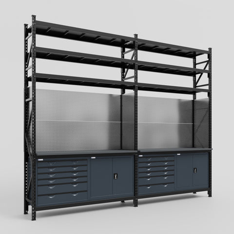 M22-3S Modular Work Bench with Shelves - H3100mm x W3780mm | Laminate WBT | Dark Grey
