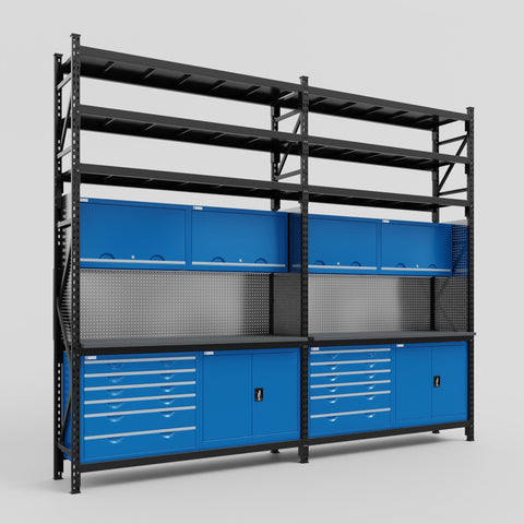 M22-3S Modular Work Bench with Shelves - H3100mm x W3780mm | Laminate WBT | Blue