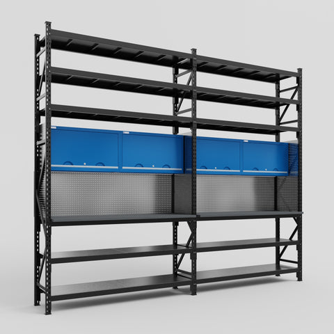 M22 Modular Work Bench with Shelves - H3100mm x W3780mm | Laminate WBT | Blue