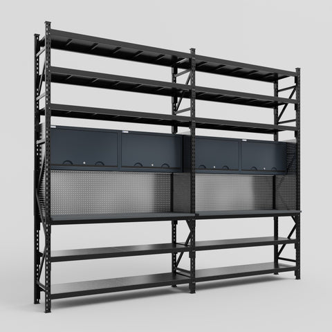 M22 Modular Work Bench with Shelves - H3100mm x W3780mm | Laminate WBT | Dark Grey