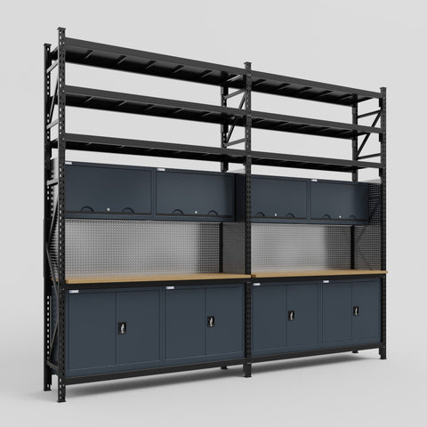 M22 Modular Work Bench with Shelves - H3100mm x W3780mm | MDF WBT | Dark Grey
