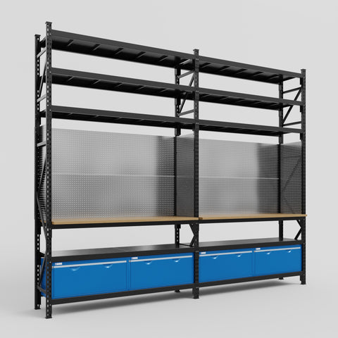 M22 Modular Work Bench with Shelves - H3100mm x W3780mm | MDF WBT | Blue