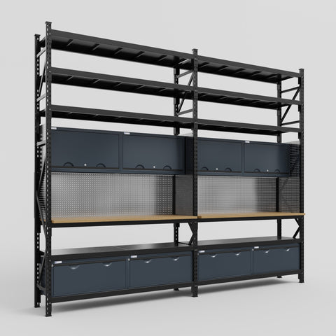 M22 Modular Work Bench with Shelves - H3100mm x W3780mm | MDF WBT | Dark Grey