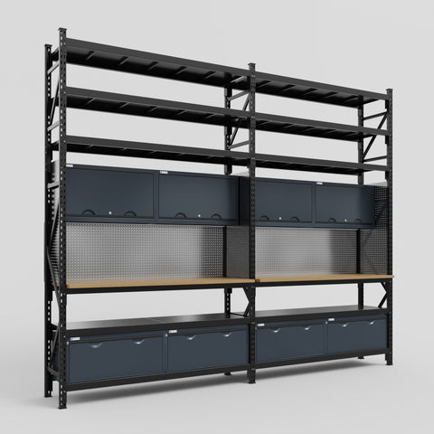 M22 Modular Work Bench with Shelves - H3100mm x W3780mm | MDF WBT | Dark Grey