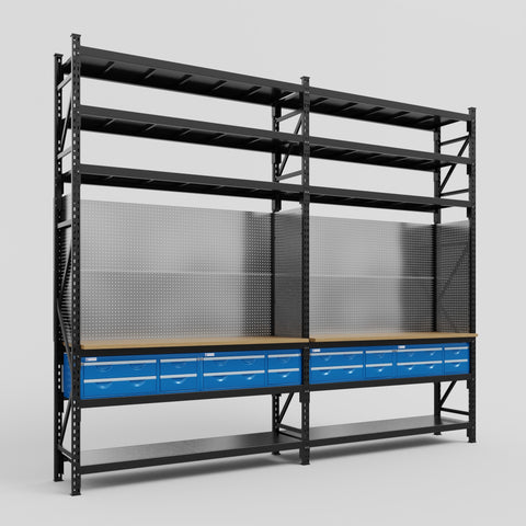 M22 Modular Work Bench with Shelves - H3100mm x W3780mm | MDF WBT | Blue