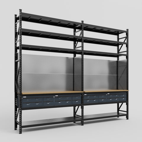 M22 Modular Work Bench with Shelves - H3100mm x W3780mm | MDF WBT | Dark Grey