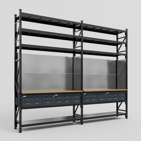 M22 Modular Work Bench with Shelves - H3100mm x W3780mm | MDF WBT | Dark Grey